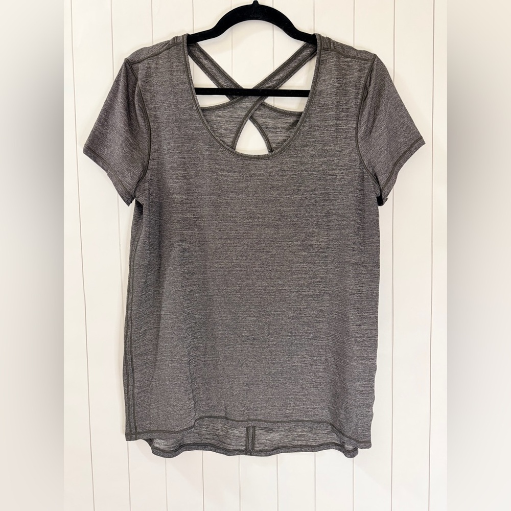 Lululemon Heathered Black Criss Cross Keyhole Back Workout Tee